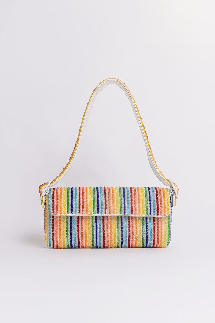 Striped crystal patent Lori shoulder bag